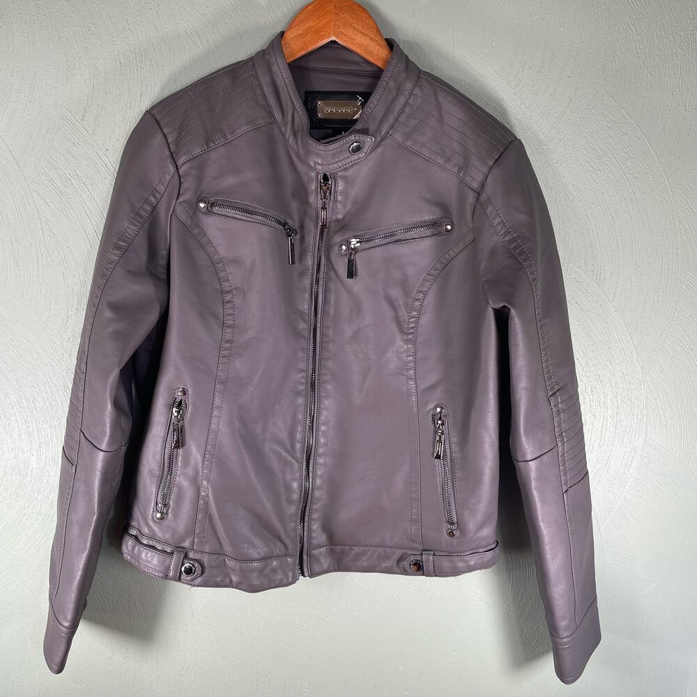 JouJou Leather Jacket Women's Large Gray‎ Vegan Moto Y2K Faux Fur Lined Full Zip
